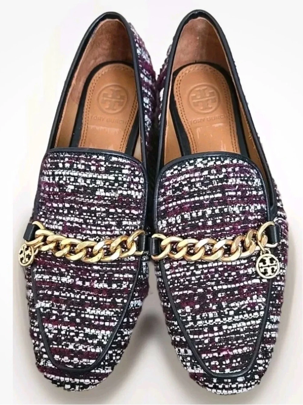 Tory Burch Mini Benton Loafers Size 10 Gold Charm Multicolor Tweed